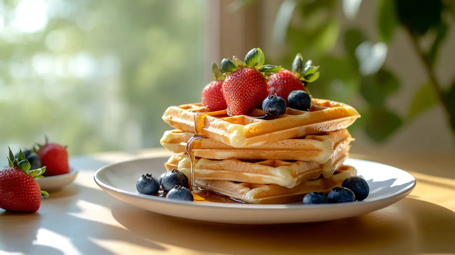 A stack of golden waffles topped with fruits and syrup