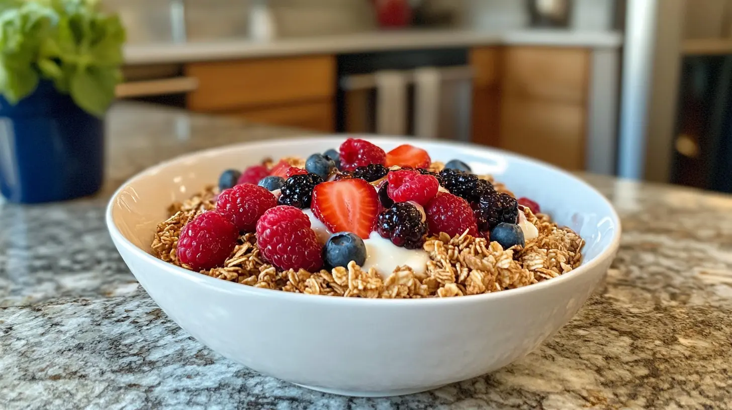 Homemade granola served with yogurt and fresh berries in a bowl.