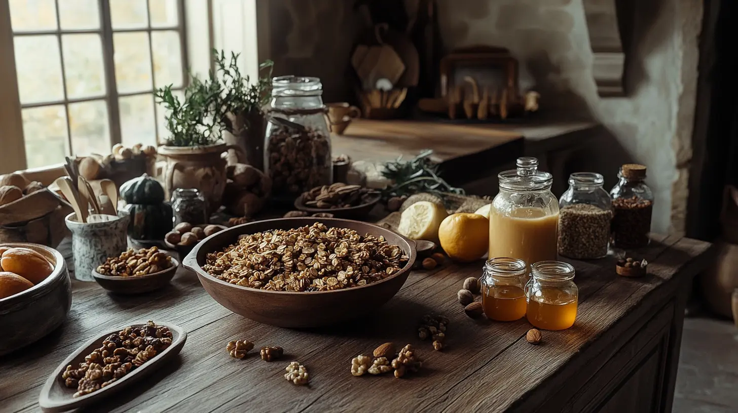 A granola bowl with fresh fruits, nuts, and honey, styled on a rustic wooden table