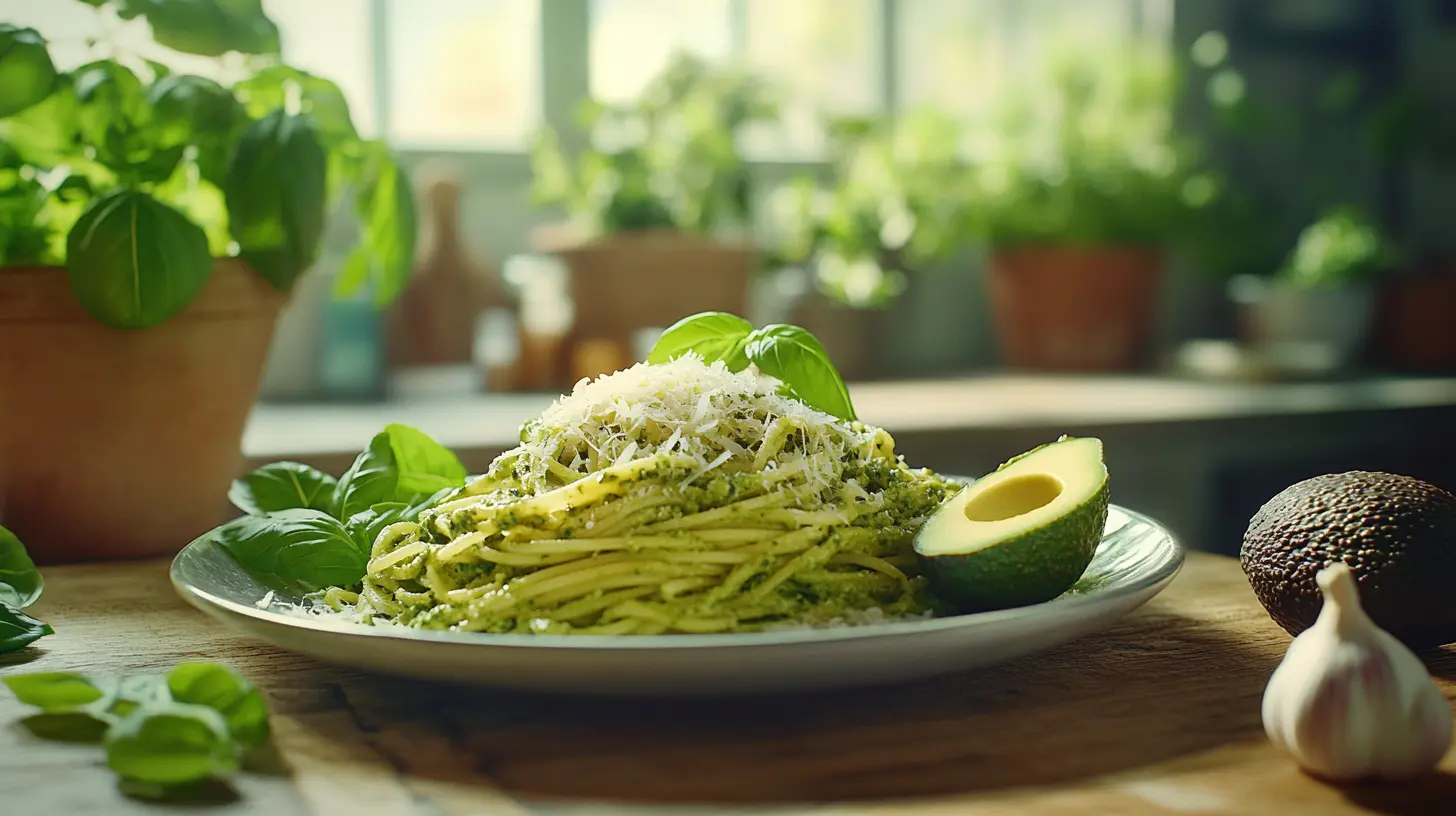 Vibrant green spaghetti with fresh basil and Parmesan