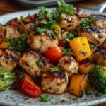 Grilled diced chicken with vegetables on a wooden table