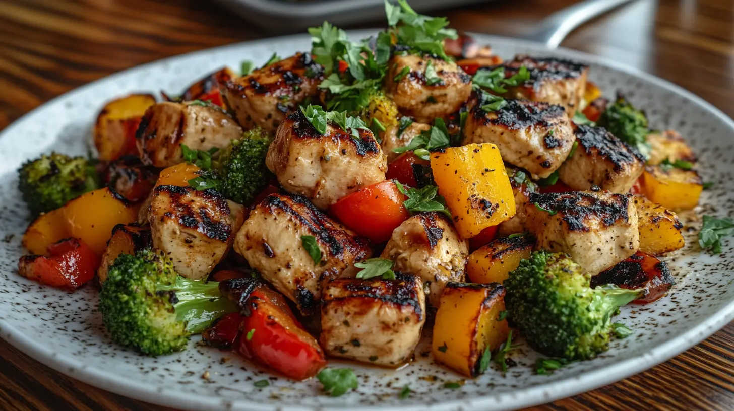 Grilled diced chicken with vegetables on a wooden table