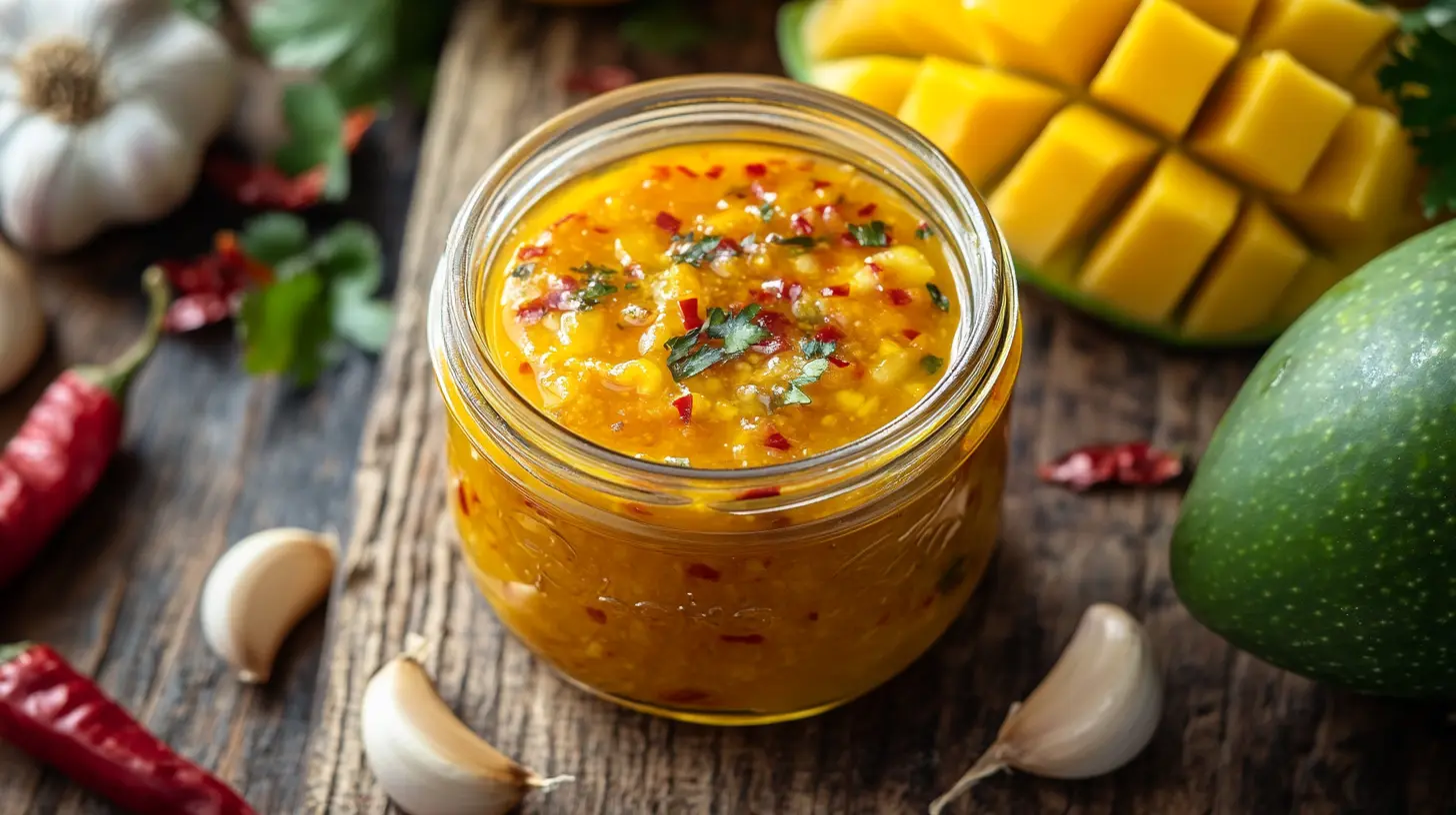 Close-up of mango habanero sauce in a jar with fresh mangoes and habaneros