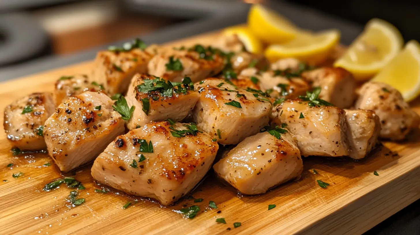 What is the Best Way to Cook Diced Chicken? 1 Juicy diced chicken pieces on a cutting board with lemon and parsley