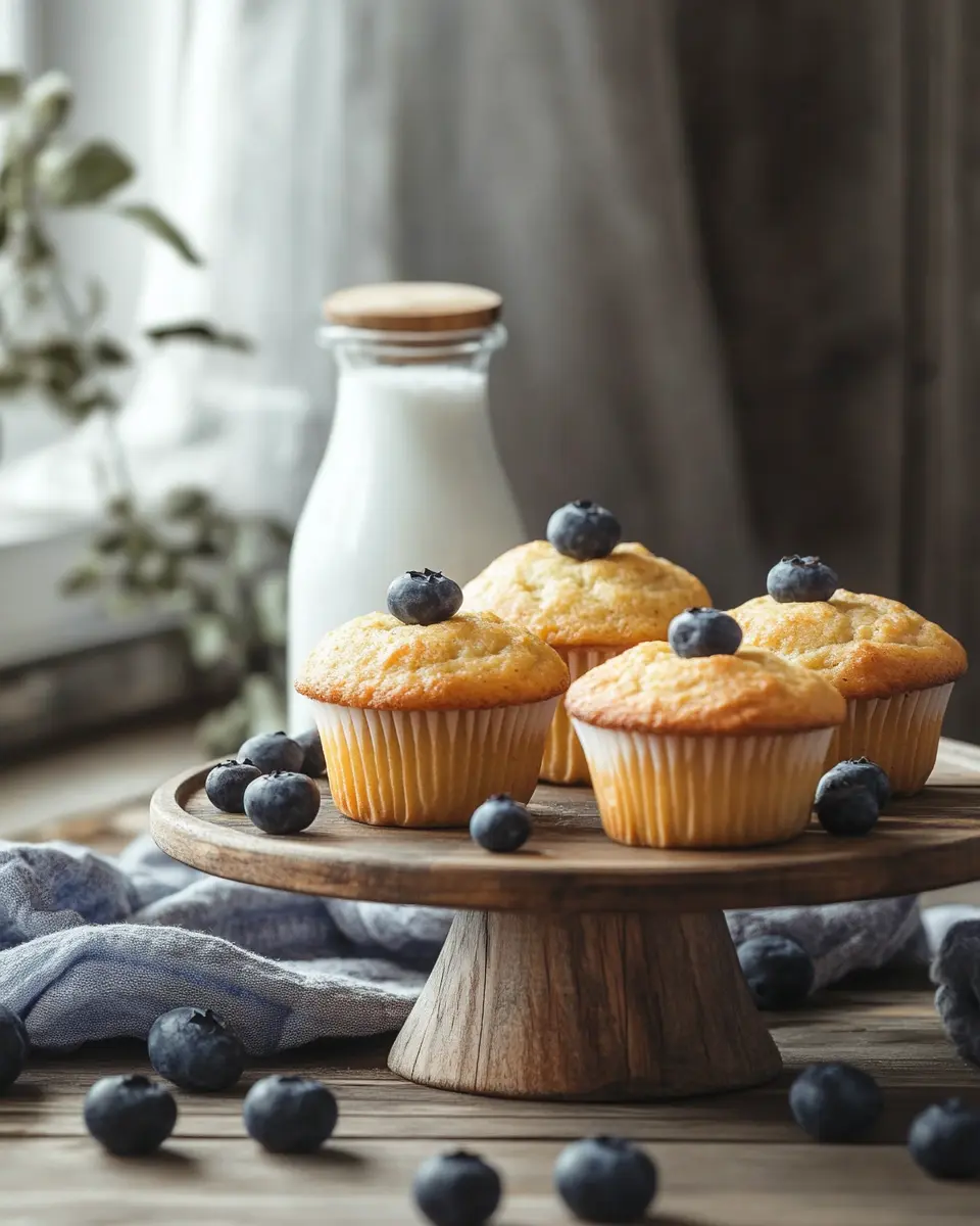 Can I Use Kefir Instead of Milk in Baking? 4 Freshly baked golden muffins with blueberries and a kefir bottle