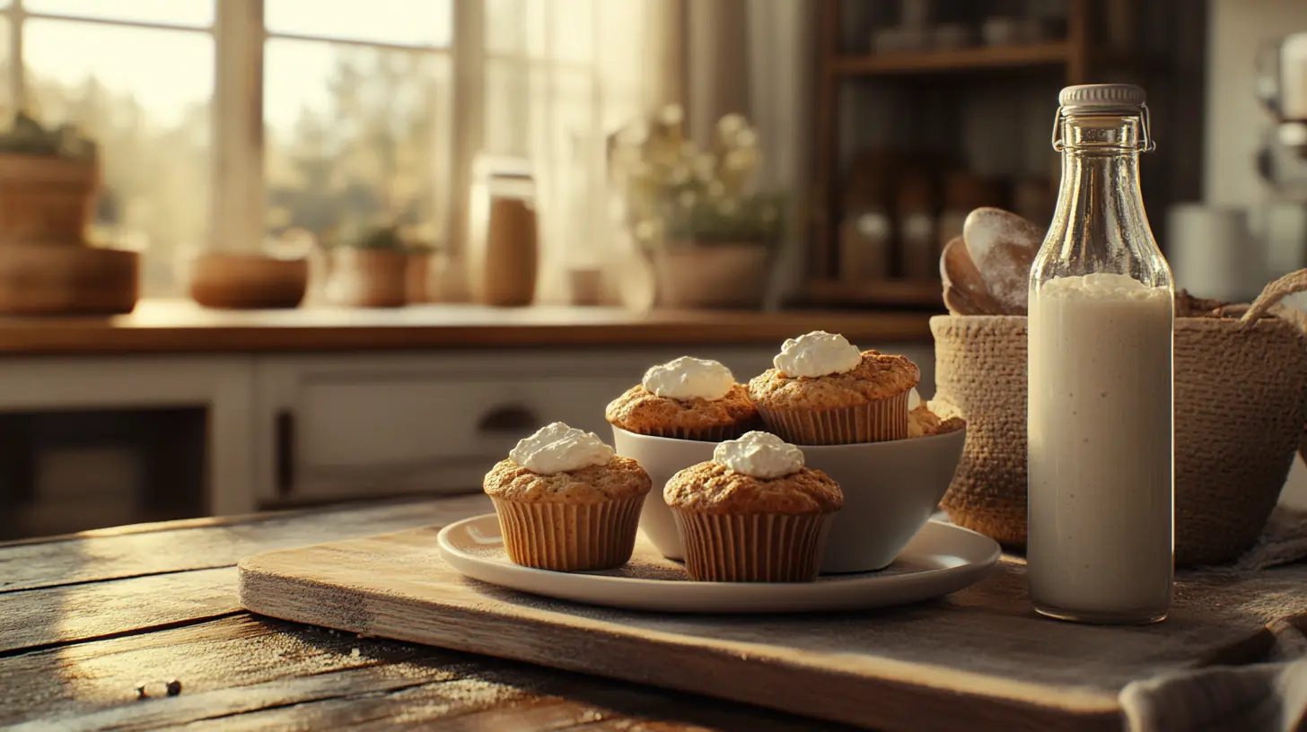 Cozy kitchen with kefir, batter, and muffins on a counter