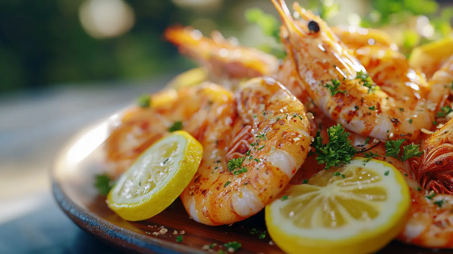 Seafood platter with fresh langostino and lemon slices