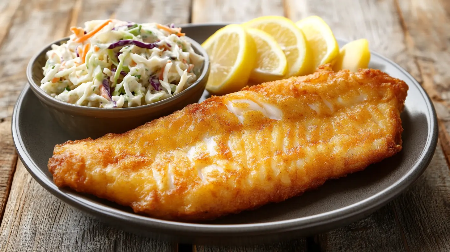 Golden crispy Louisiana fish fry with lemon and coleslaw