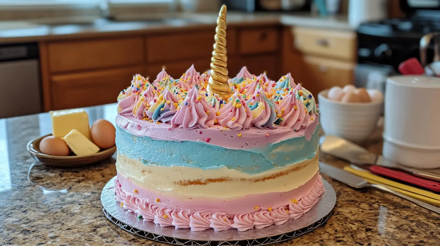 A whimsical Unicorn Cake with pastel rainbow frosting and golden horn on a kitchen counter with baking tools