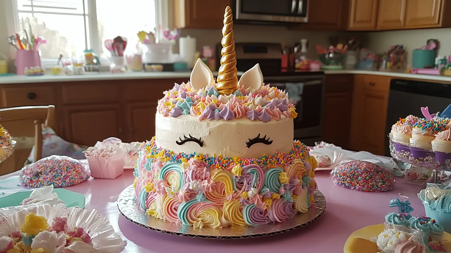 Unicorn cake with a golden horn and rainbow mane on a pastel table