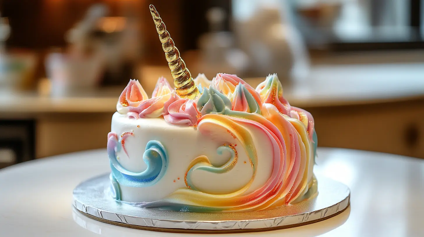 A unicorn cake with a golden horn, pastel mane, and edible glitter