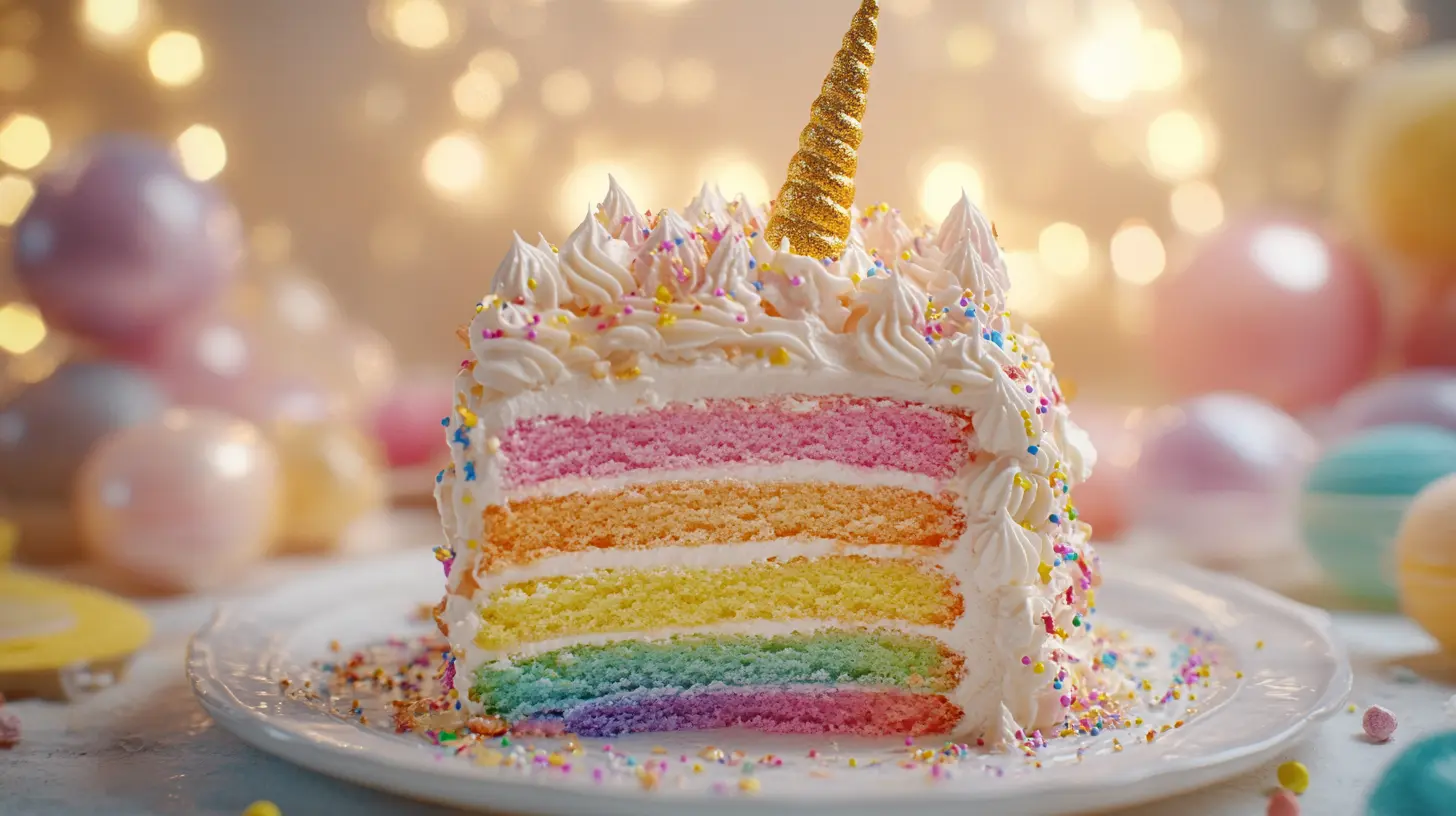 A close-up of a beautifully decorated unicorn cake with rainbow layers, a golden horn, and colorful sprinkles