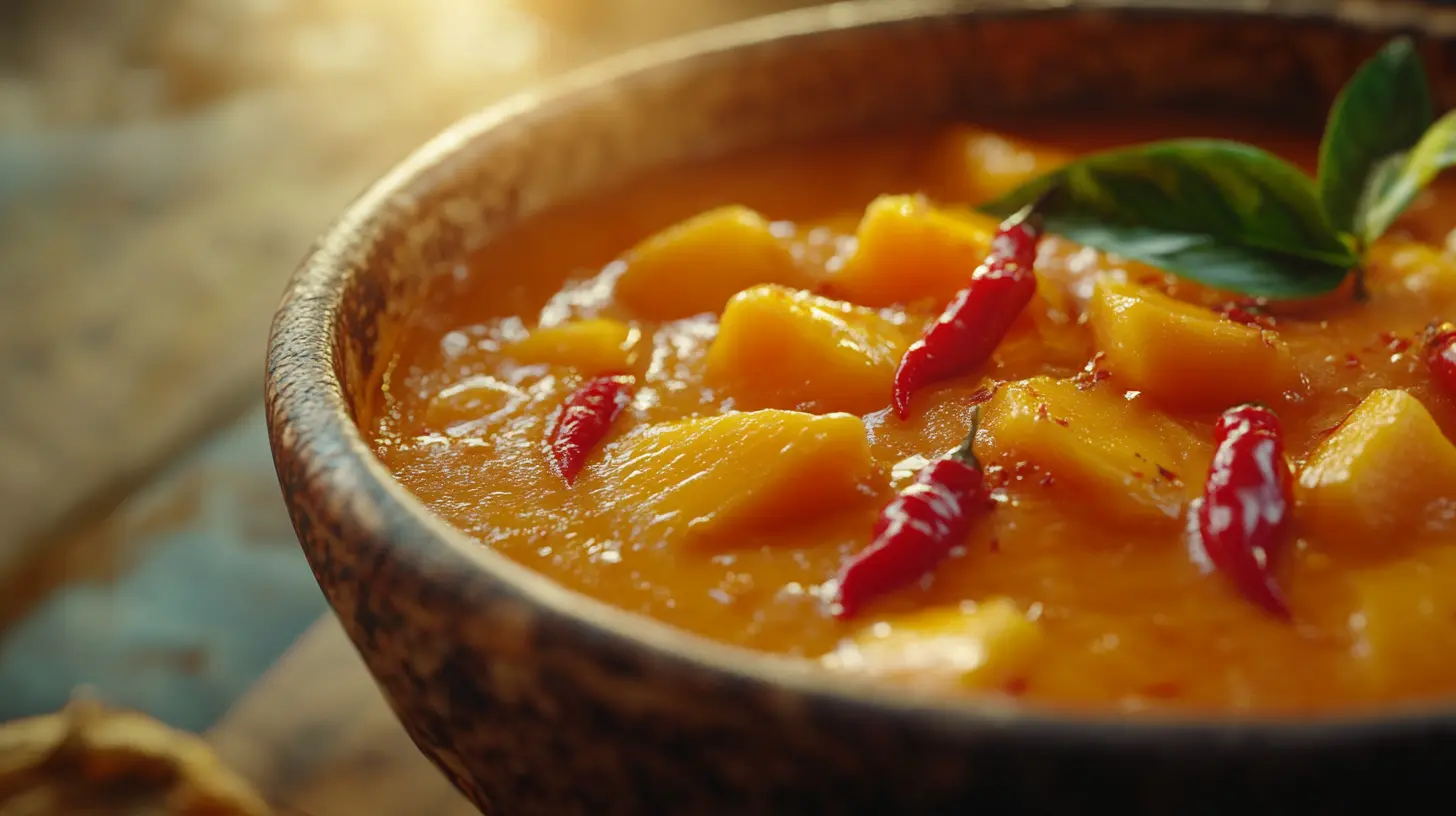 A close-up of mango habanero sauce with fresh mango and peppers