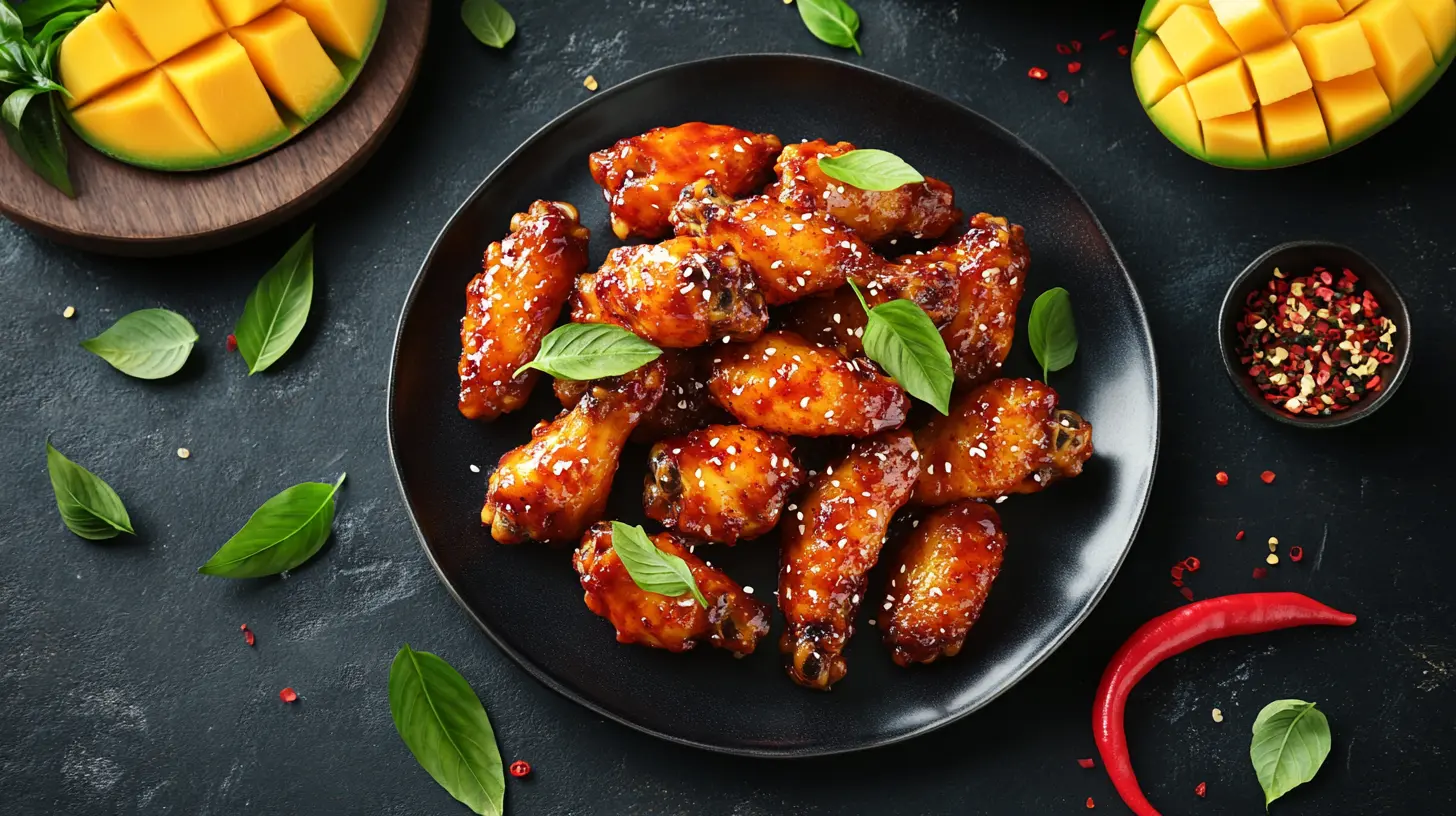 A close-up of mango habanero wings with fresh mango slices and red peppers