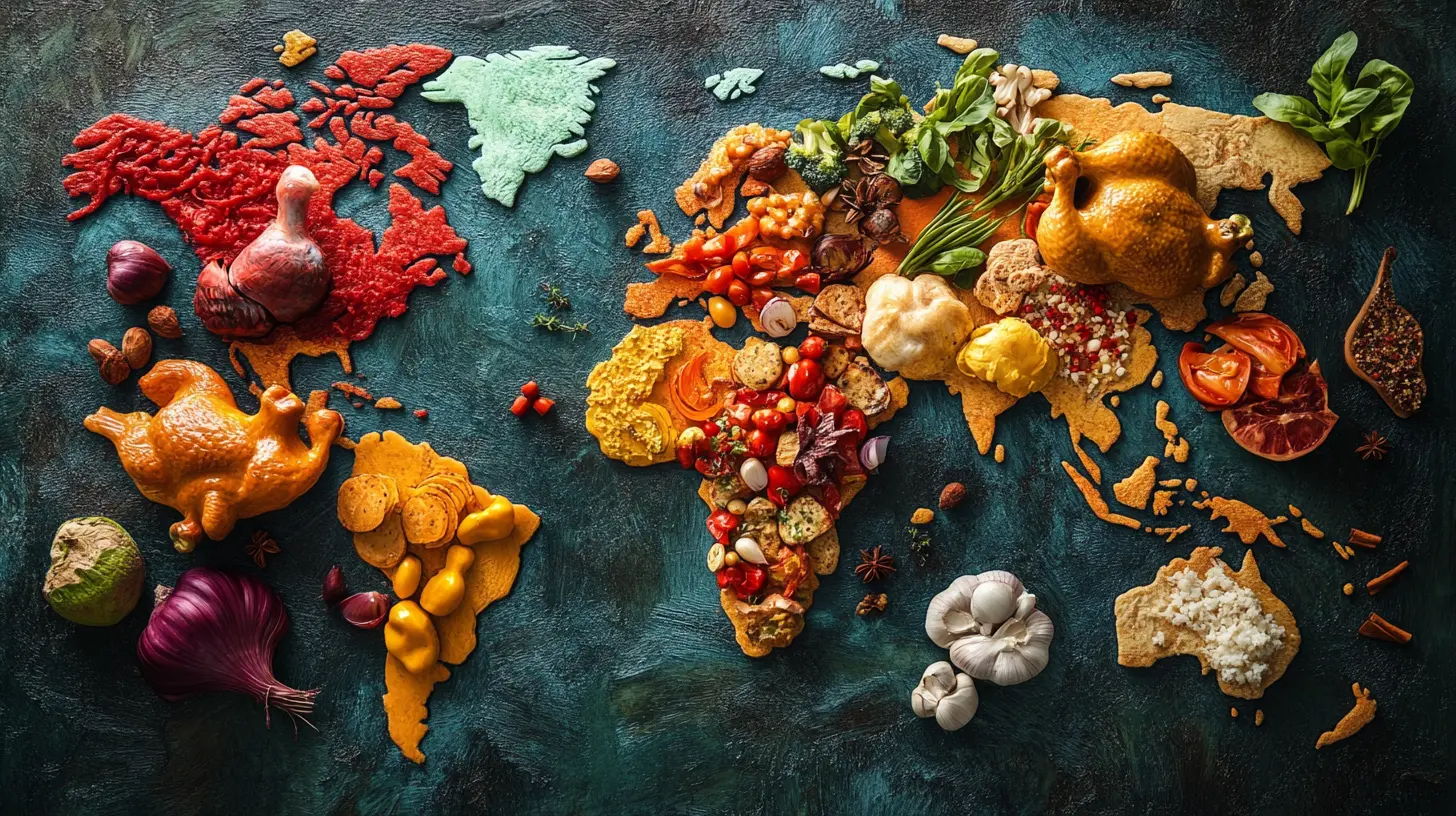 A global map showcasing iconic chicken dishes from around the world