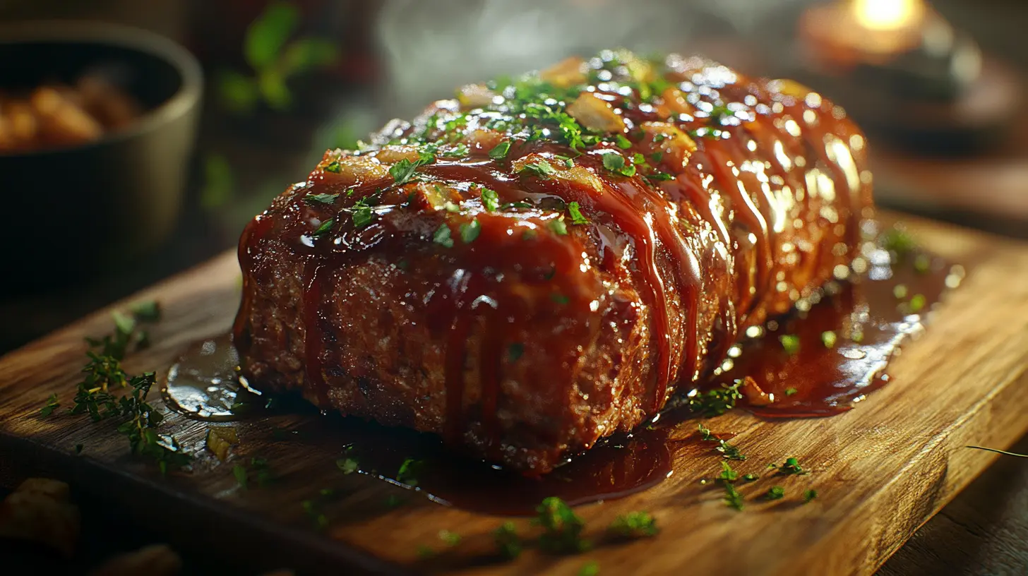 Meatloaf topped with barbecue sauce and fresh herbs