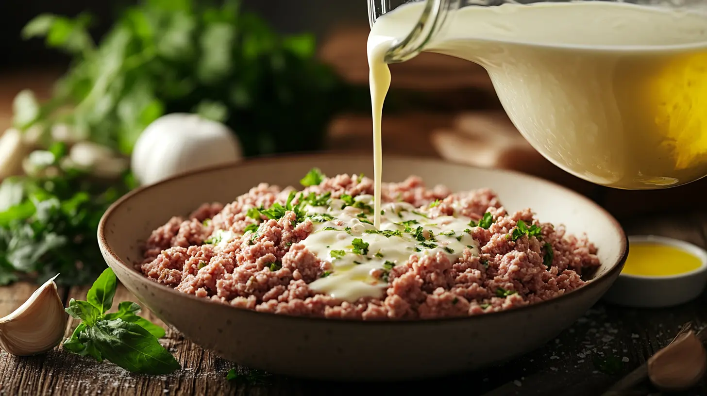 Milk being added to meatloaf ingredients in a bowl