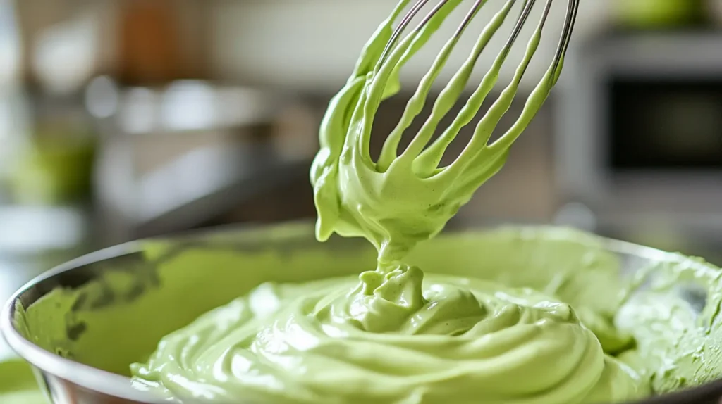 The Best Pistachio Pudding Recipe with Grapes – So Delicious! 3 A bowl of thick pistachio pudding being whisked