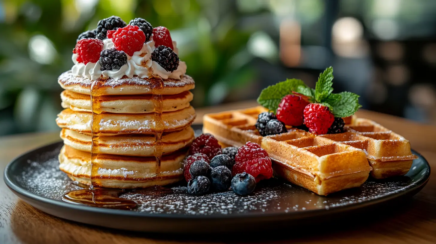 Stacked pancakes and golden waffles with syrup and berries