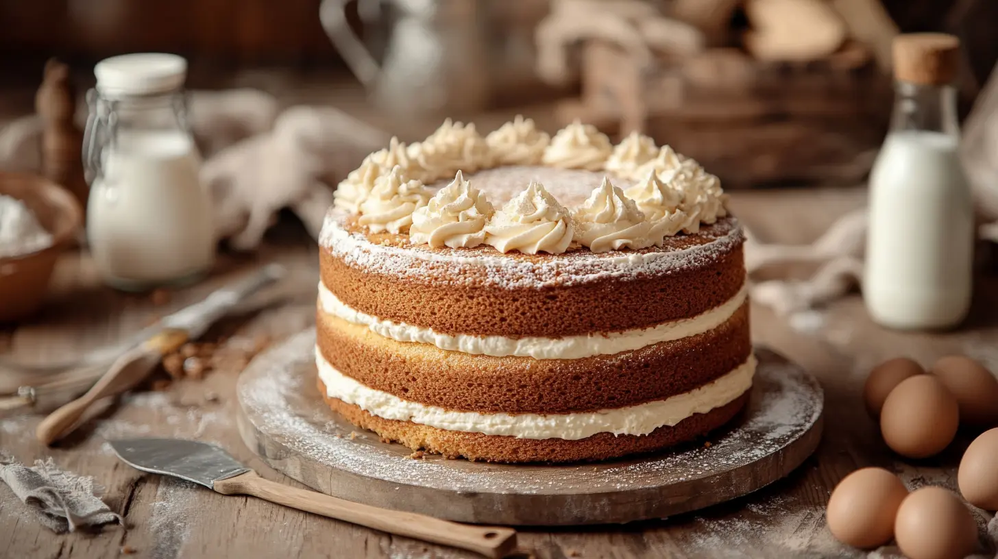 A beautifully frosted cake baked with kefir, surrounded by baking tools