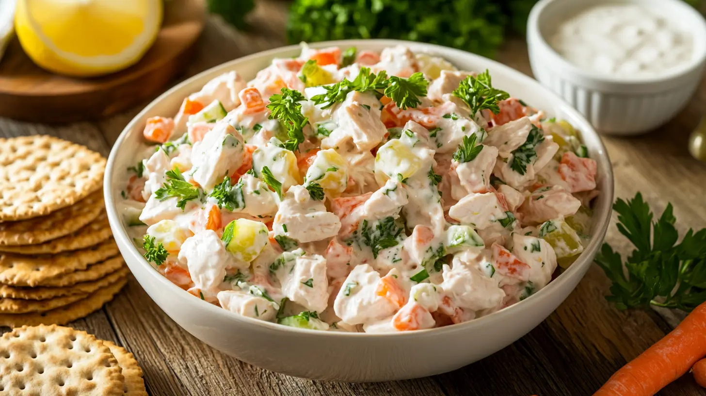 A complete chicken salad dish with fresh ingredients displayed elegantly