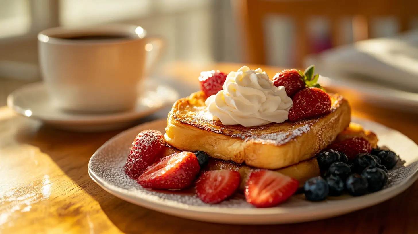 Perfect French toast breakfast with fresh fruit and coffee