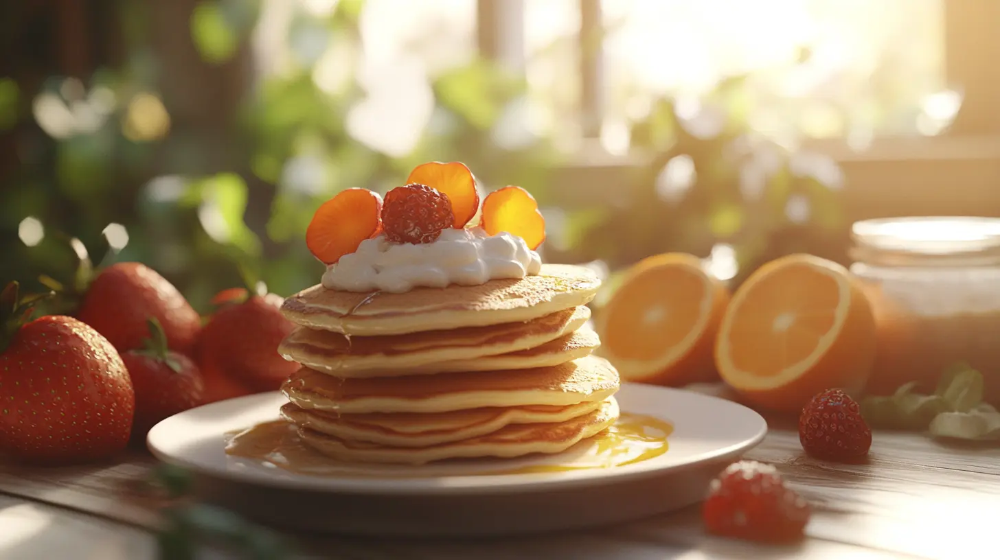 Golden pancakes with whipped cream and fresh fruit on a breakfast table