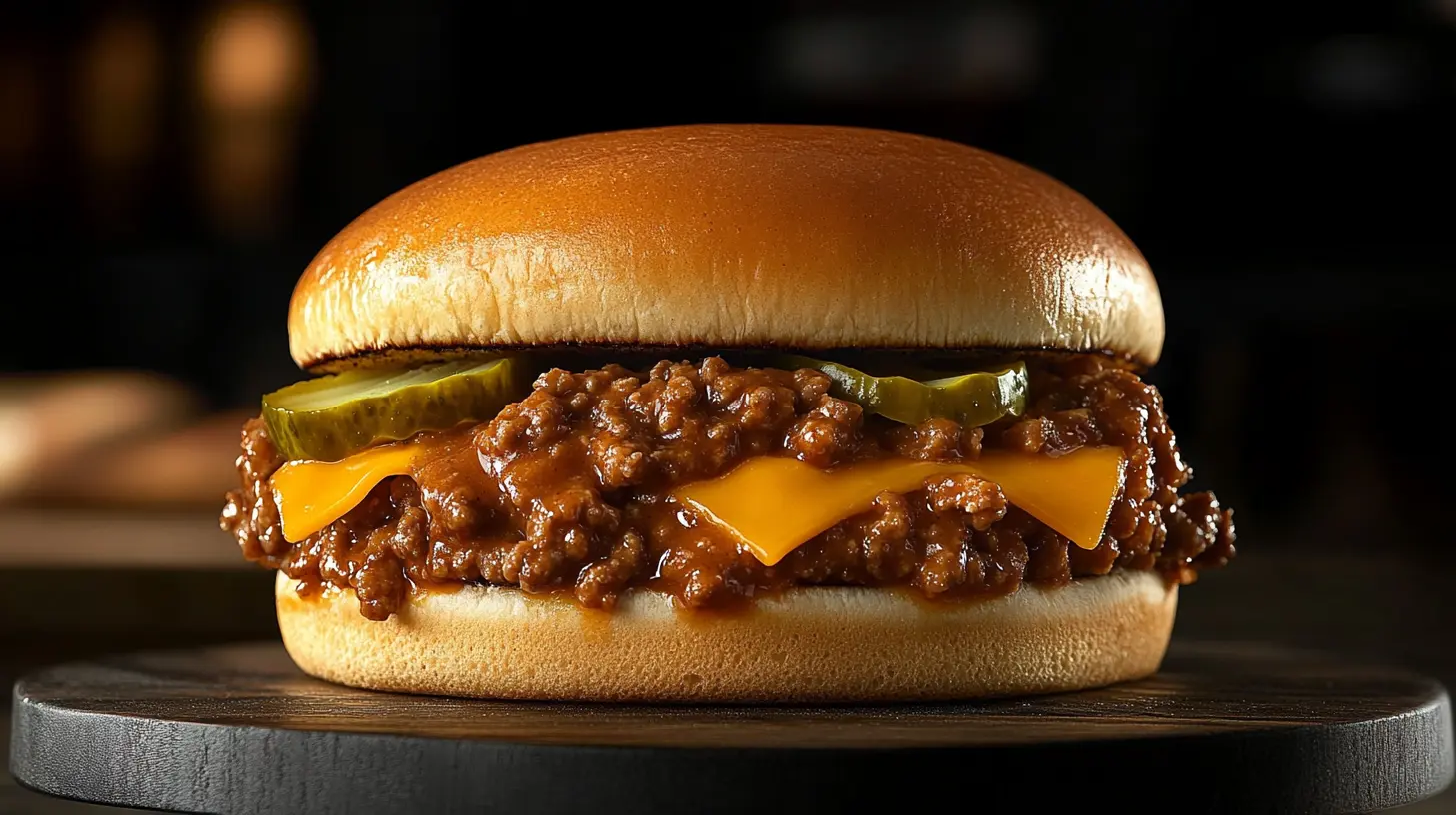 Sloppy Joe sandwich with cheese and pickles on a toasted brioche bun