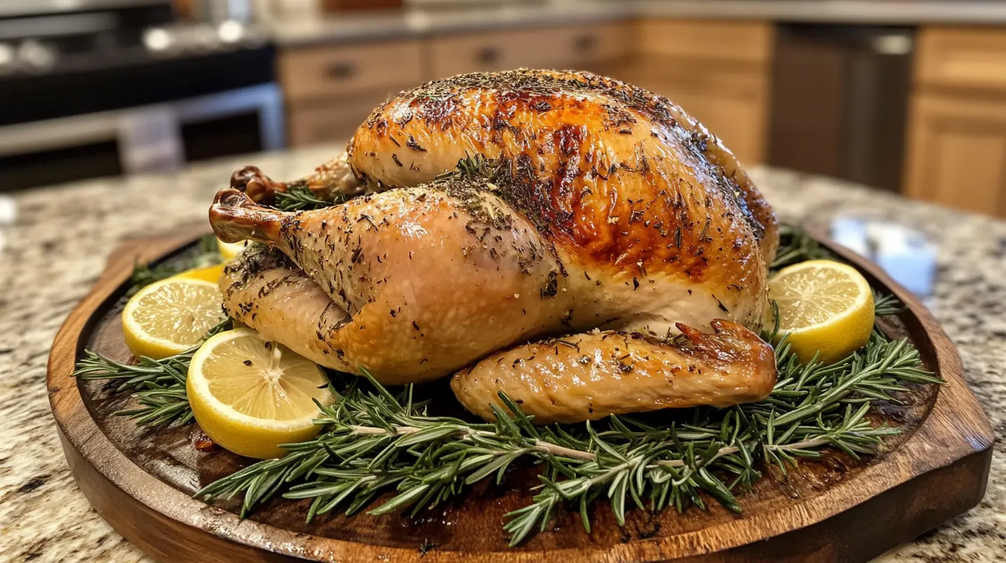 Perfectly roasted whole chicken garnished with rosemary and lemon