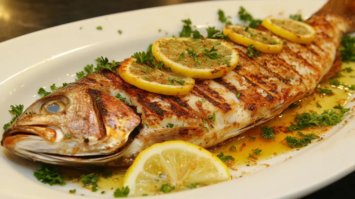 Whole grilled fish with lemon and parsley on a Mediterranean table