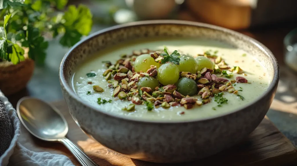 The Best Pistachio Pudding Recipe with Grapes – So Delicious! 4 A bowl of pistachio pudding with grapes and nuts on a breakfast table