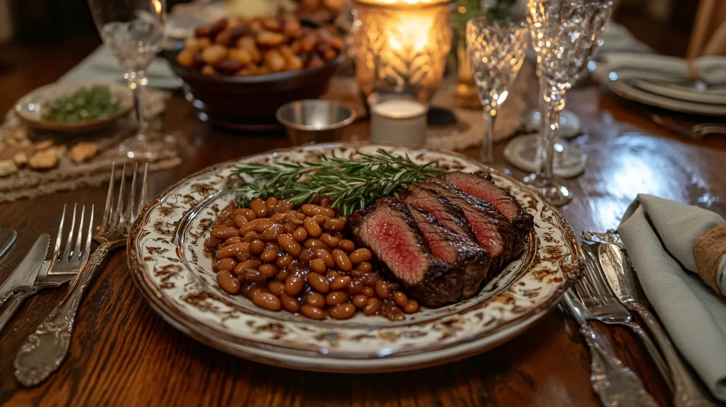 Steak and Beans and Onions Recipe That Will Blow Your Mind 5 Steak, beans, and onions as a centerpiece on a rustic dinner table.