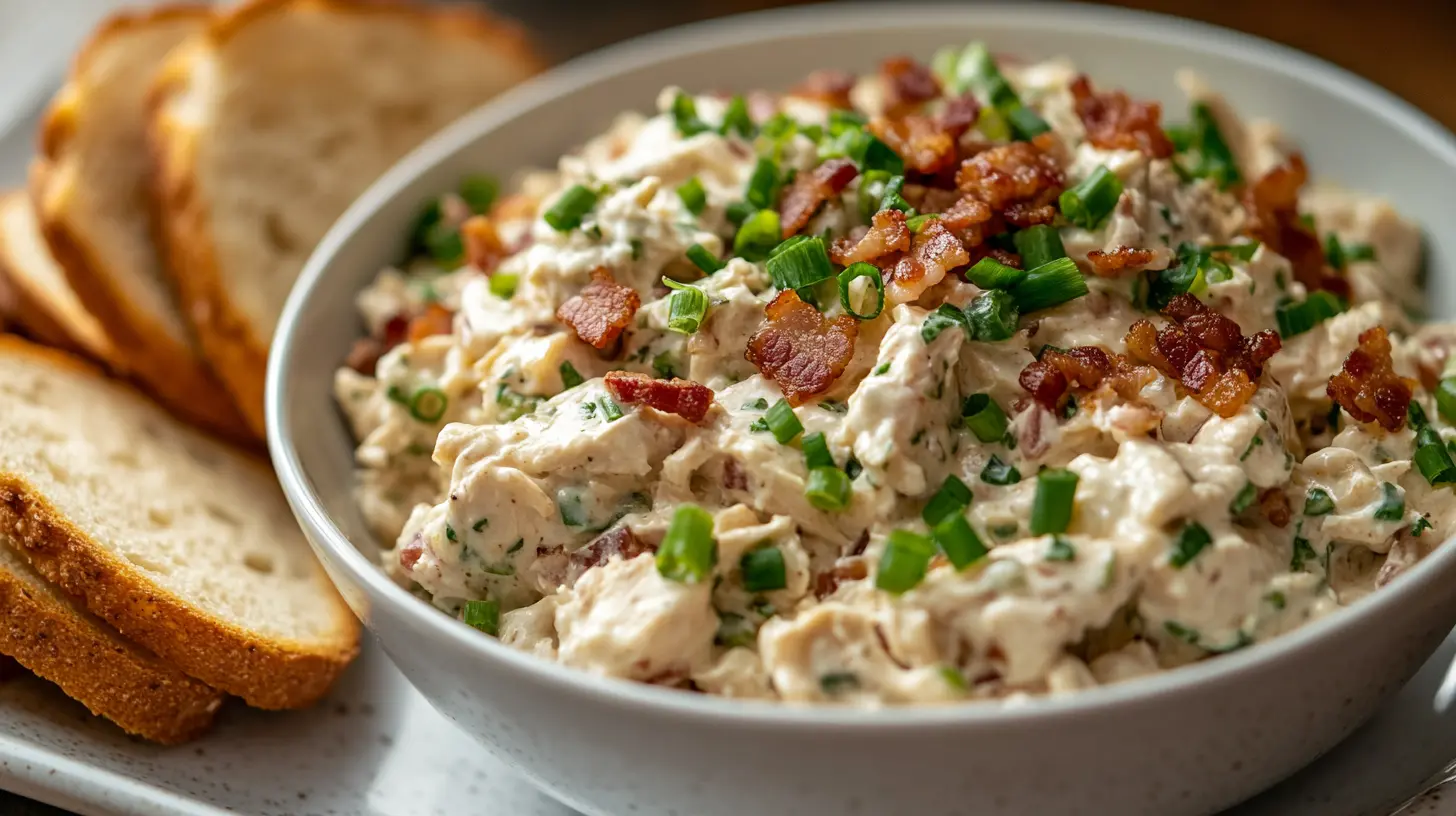 Sassy Scotty chicken salad garnished with bacon and green onions