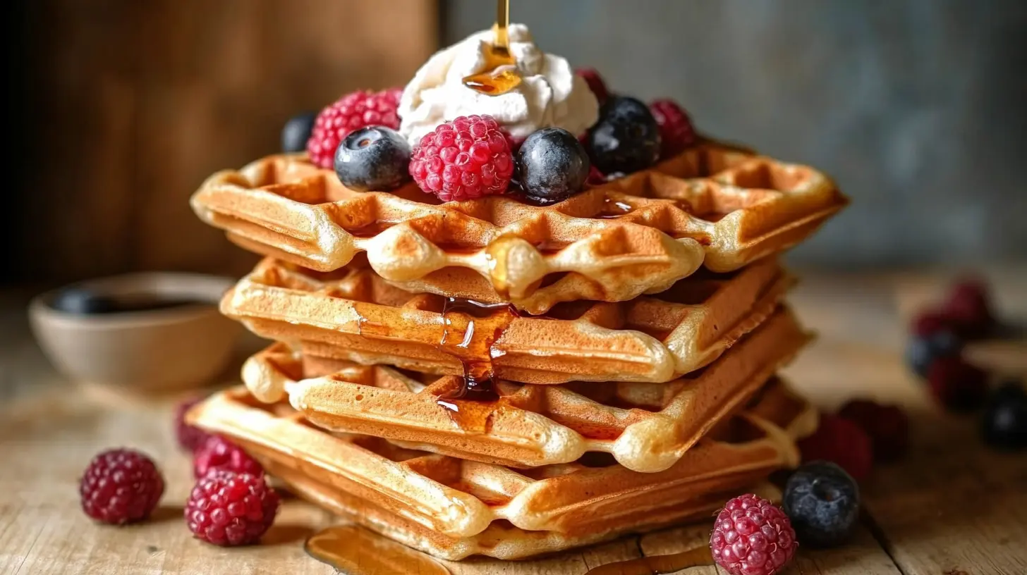 A stack of golden-brown waffles topped with fresh berries, whipped cream, and maple syrup on a rustic wooden table