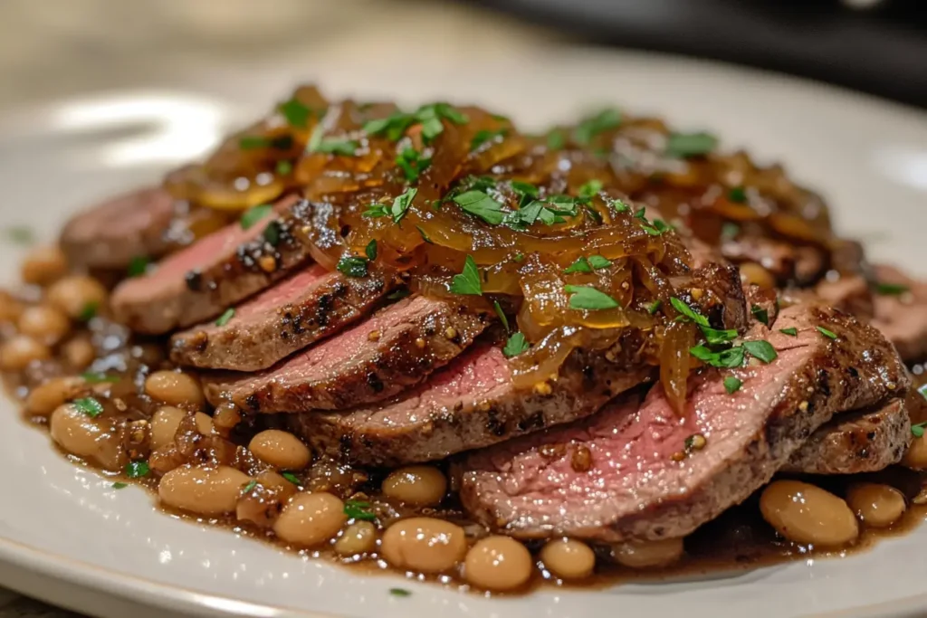 Plated steak, beans, and caramelized onions