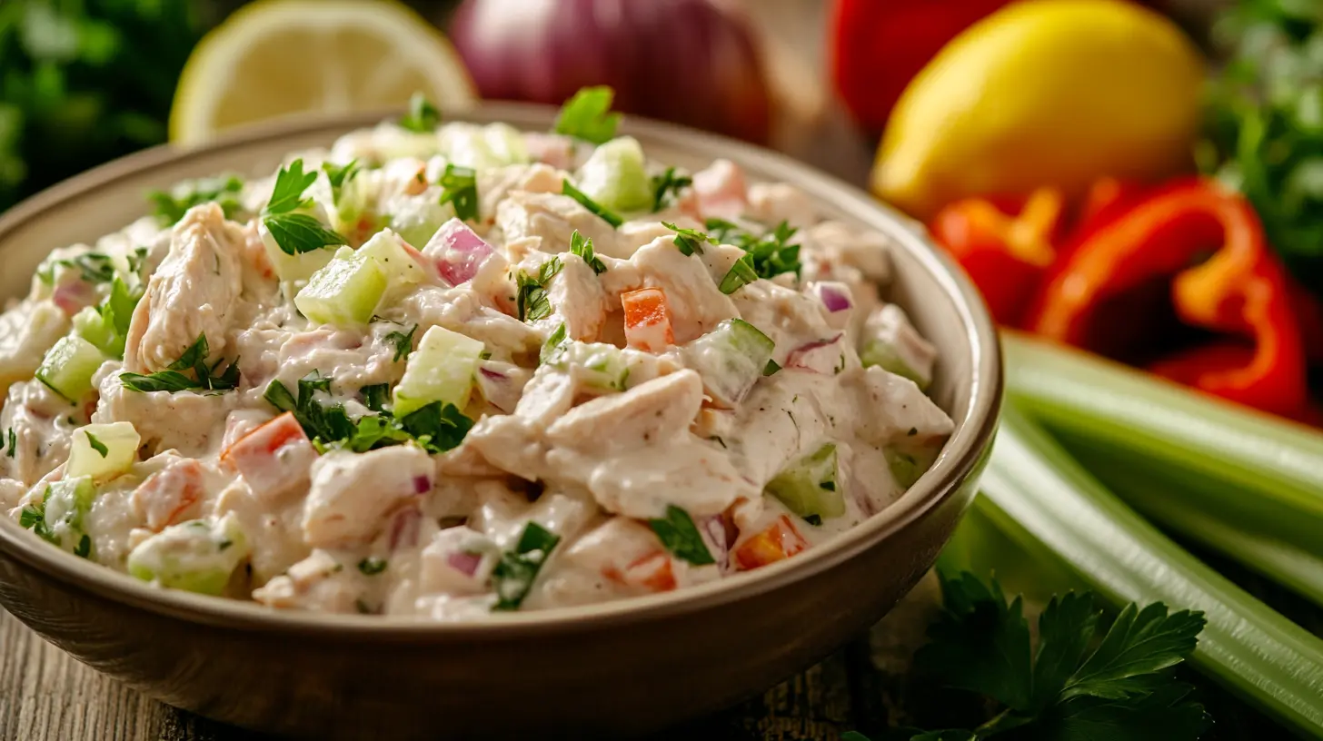 A close-up of a bowl of chicken salad with creamy dressing and fresh vegetables