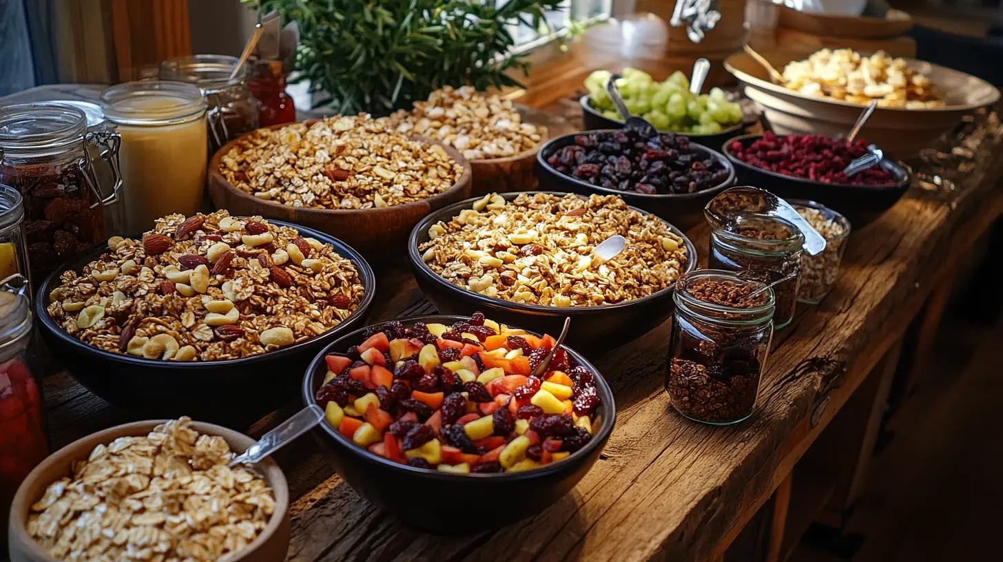 A rustic spread of granola with crunchy oats, nuts, and dried fruits on a wooden background, captured in a wide format