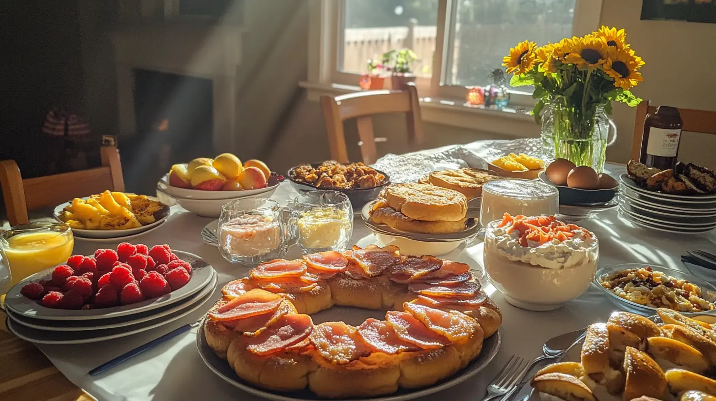 A variety of French toast bagels with sweet and savory toppings on a breakfast table