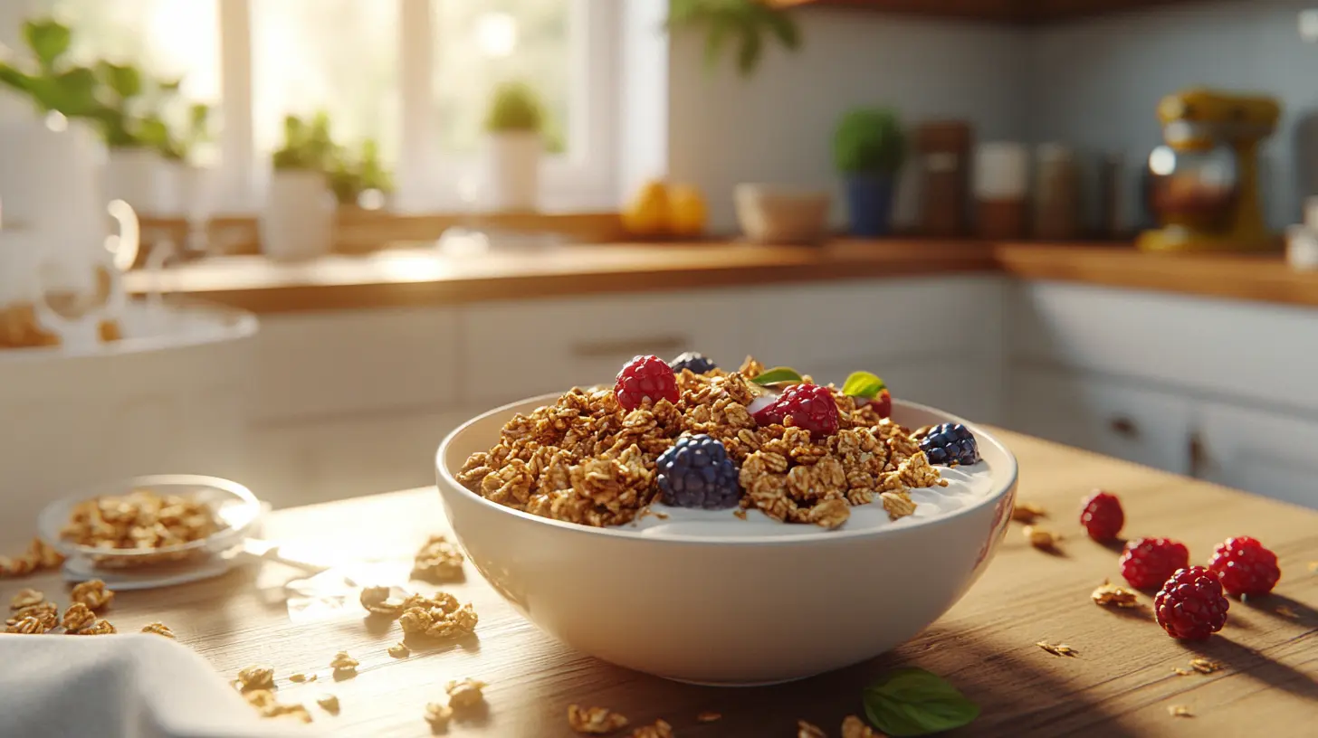 Granola bowl with yogurt and berries on a modern kitchen table