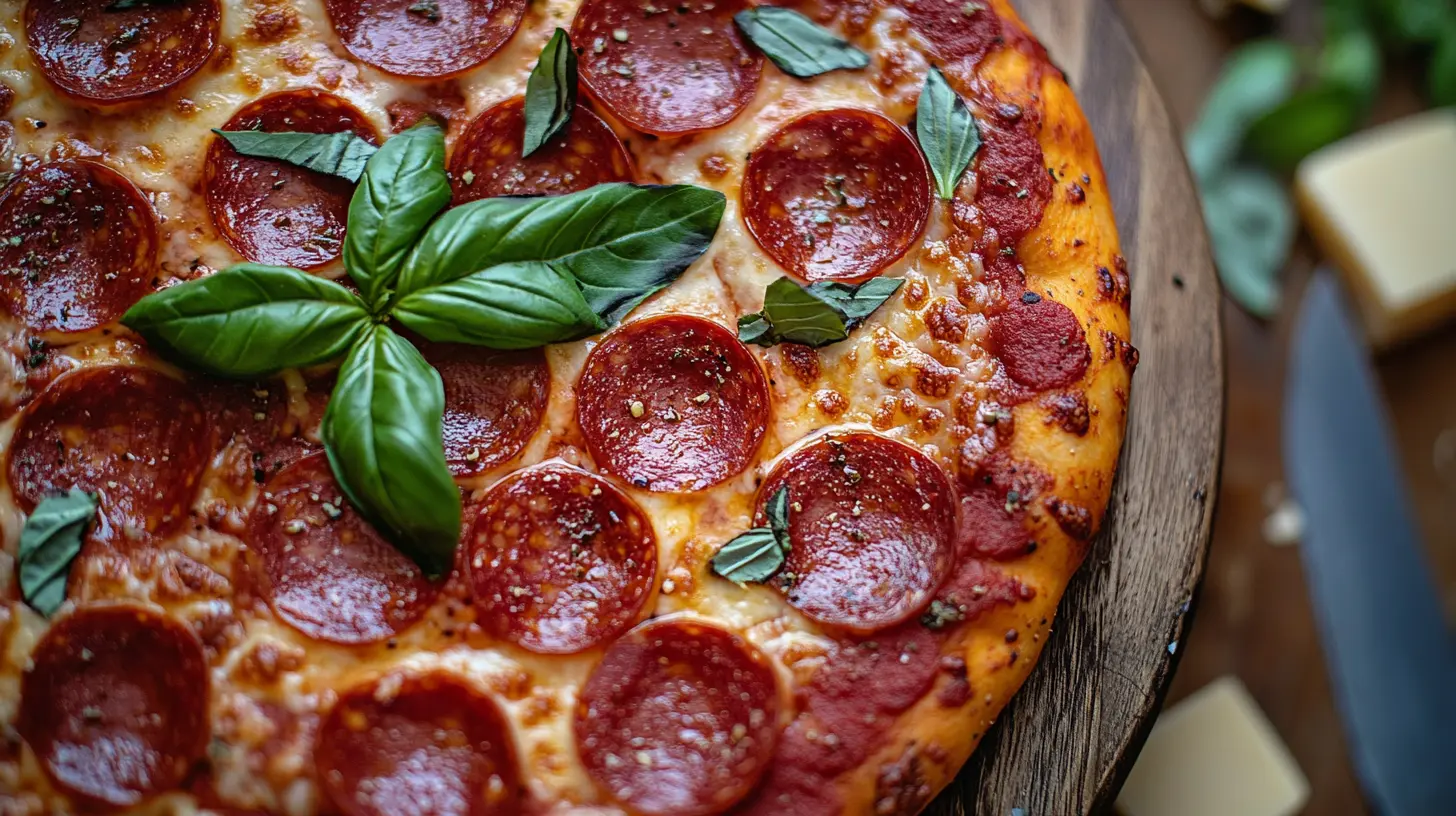 Beef Pepperoni: The Ultimate Guide to This Savory Delight 6 Sliced beef pepperoni on a wooden board with fresh basil and cheese.