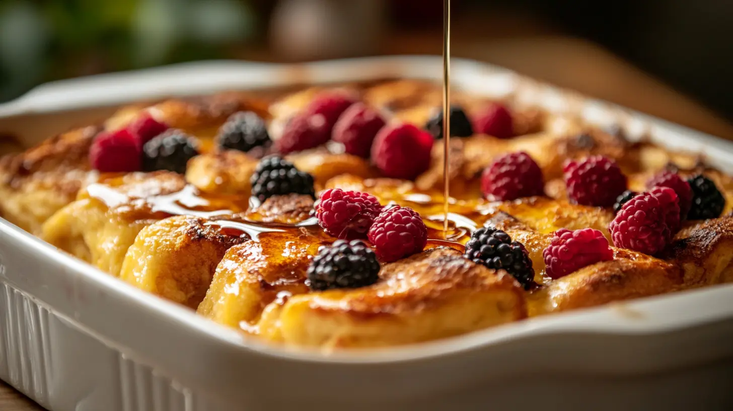 The Best Brioche French Toast Casserole You’ll Ever Try! 4 Brioche French toast casserole with maple syrup and berries