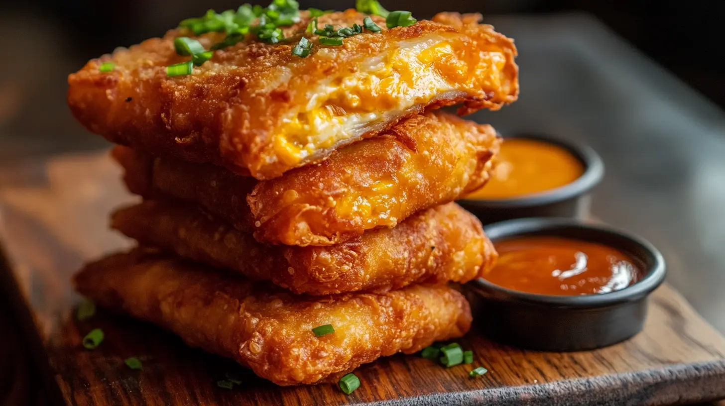 Crispy golden brown egg rolls filled with jalapeño cream cheese, served with dipping sauce.