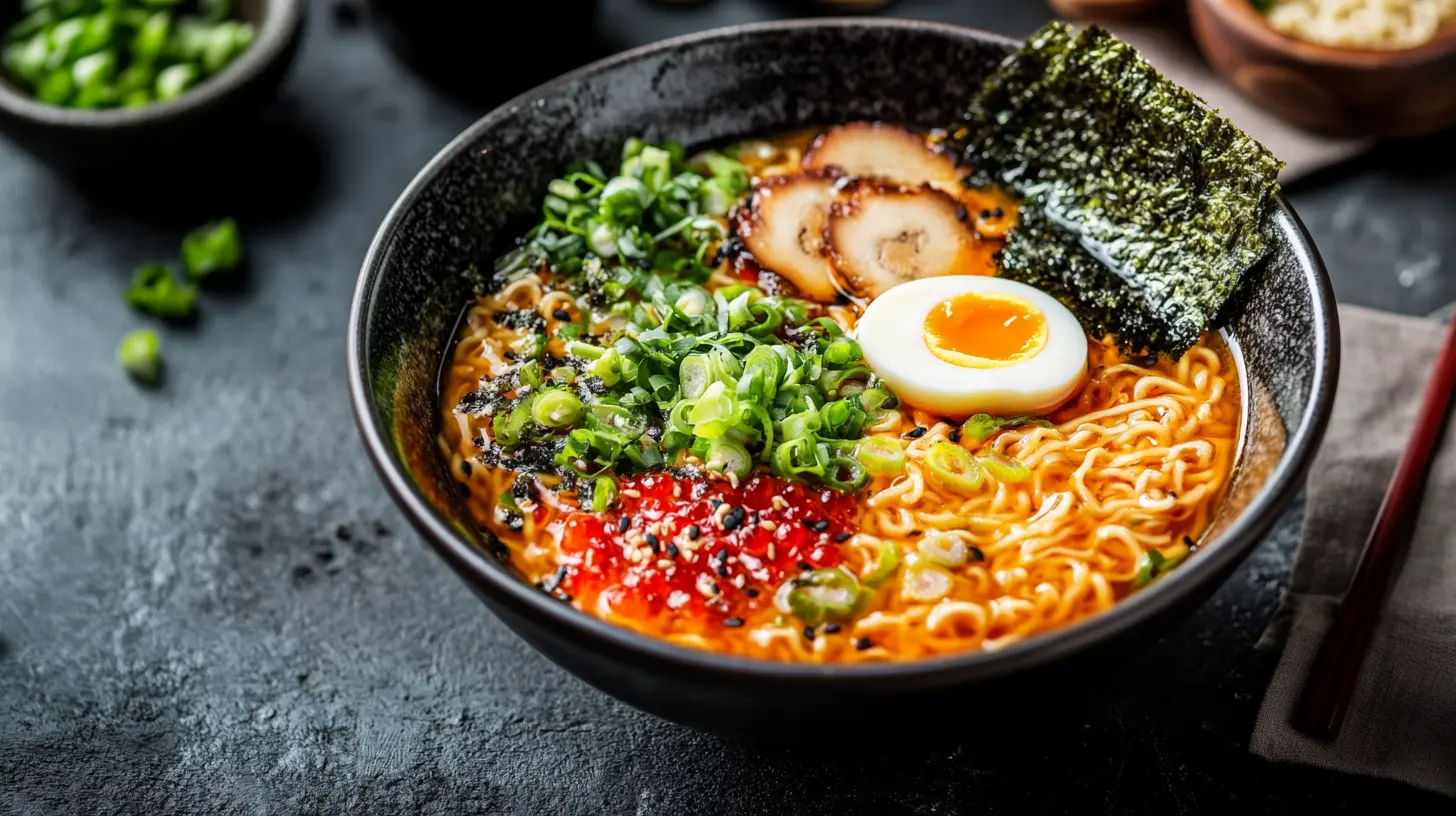 A delicious bowl of steaming ramen with rich broth and fresh toppings.