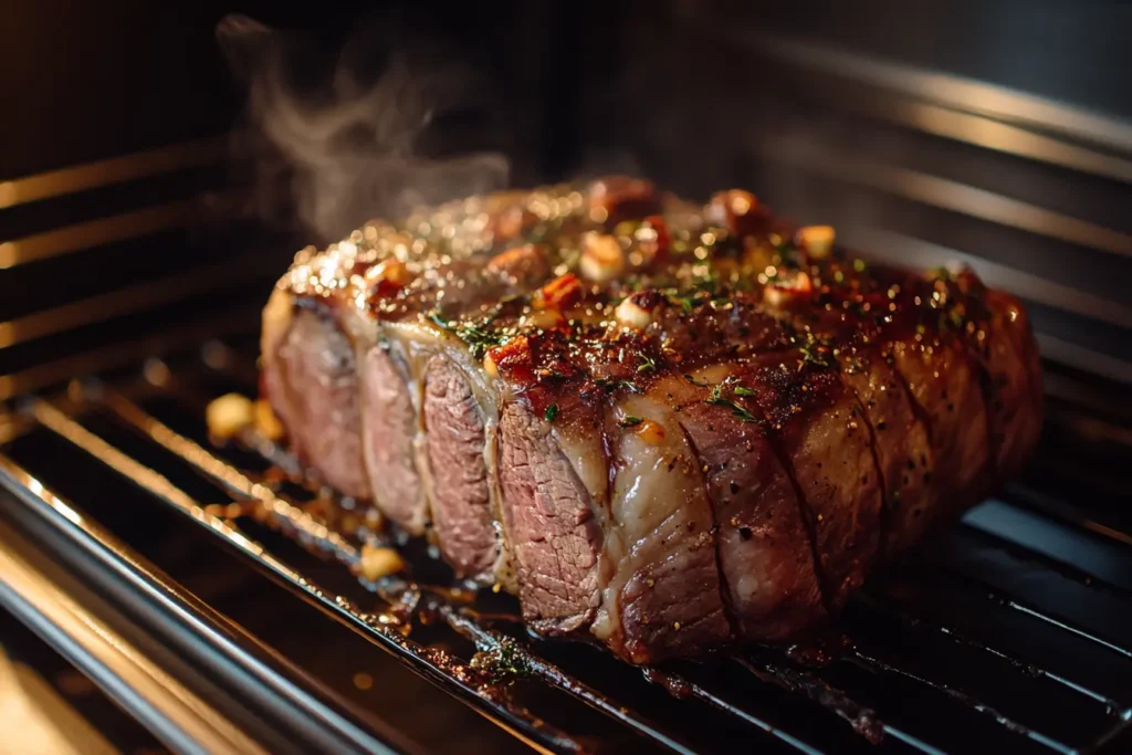The Best Ribeye Roast Recipe: Juicy, Tender & Full of Flavor! 3 Ribeye roast cooking in the oven with a thermometer inserted.