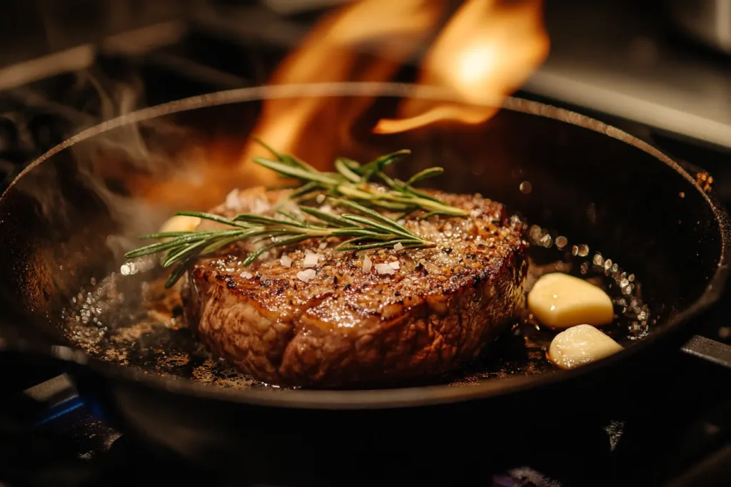 The Best Ribeye Roast Recipe: Juicy, Tender & Full of Flavor! 4 Ribeye roast searing in a hot skillet for a crispy crust.