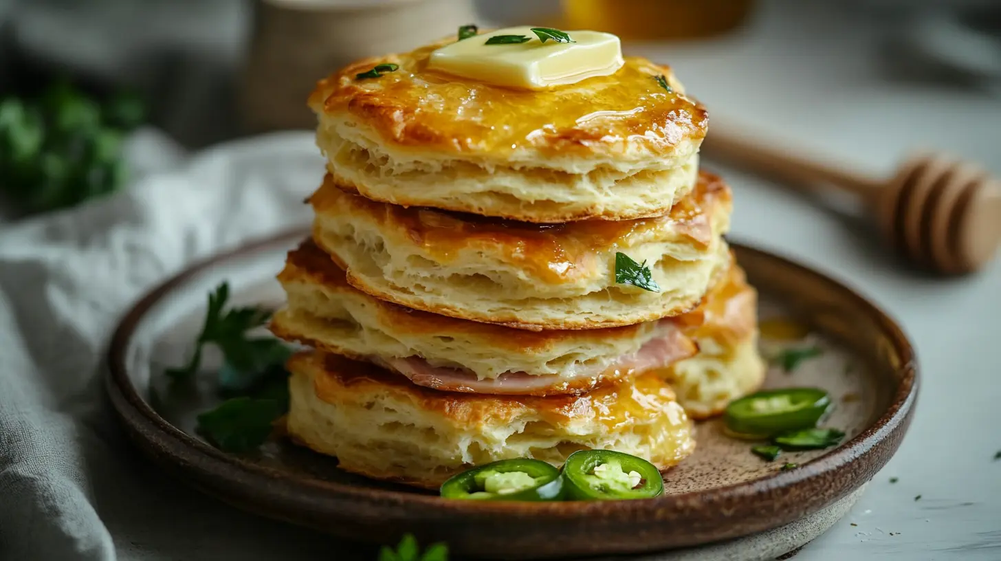 A stack of golden, flaky ham and jalapeno biscuits with melted butter.