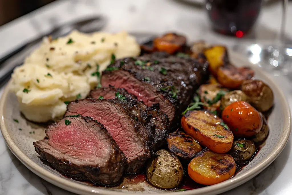 The Best Ribeye Roast Recipe: Juicy, Tender & Full of Flavor! 5 Sliced ribeye roast with side dishes and red wine.