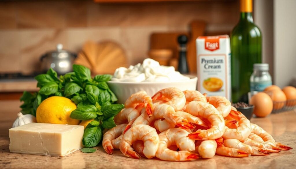 Creamy shrimp pasta recipe ingredients on a kitchen counter Creamy shrimp pasta recipe ingredients on a kitchen counter