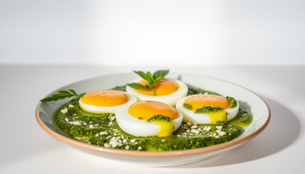 Mediterranean pesto eggs on a plate Mediterranean pesto eggs on a plate