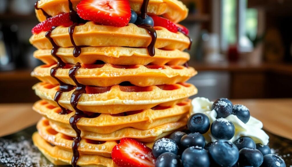 Mochi waffles stacked with toppings Mochi waffles stacked with toppings